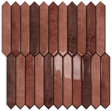 10 Sheet Long Hexagon Peel and Stick Backsplash Tile, 12x12 3D Adhesive Glossy Marble Vinyl Stick on Wall Tiles for Bathroom, Kitchen, Living Room, Brown, 30 x 30cm, 10 Pieces