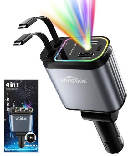WHATOOK Chargeur de voiture 4 en 1 USB C 66 W avec LED ciel étoilé, 2 câbles rétractables, accessoires de camping, gadgets de voyage, accessoires de voiture essentiels pour iPhone, Galaxy