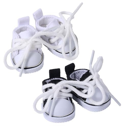 Lyreh 2 Paar Mini-Puppenschuhe, Süße Mini-Finger-Canvas-Schuhe Premium-Canvas-Sneakers Lustige Puppenkleidungs-Accessoires zum Ausstellen (Schwarz, Weiß)