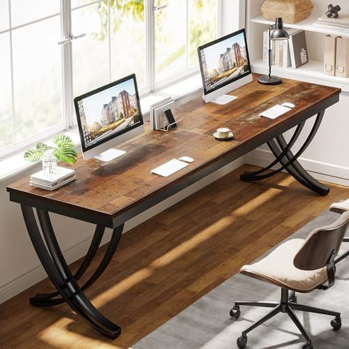 Tribesigns Bureau Informatique, Table d’étude pour Ordinateur Portable, Double Bureau Long pour Chambre de Bureau à Domicile, 200 x 70 x 75 cm, Marron Rustique