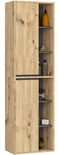 AKORD Colonne Salle de Bain Suspendue VAMI W50 - Meuble Mural 2 Portes, 10 Étagères - Rangement pour Cosmétiques et Serviettes, Fixation Murale - 50x170x30 cm - Chêne Artisan & Gris Graphite