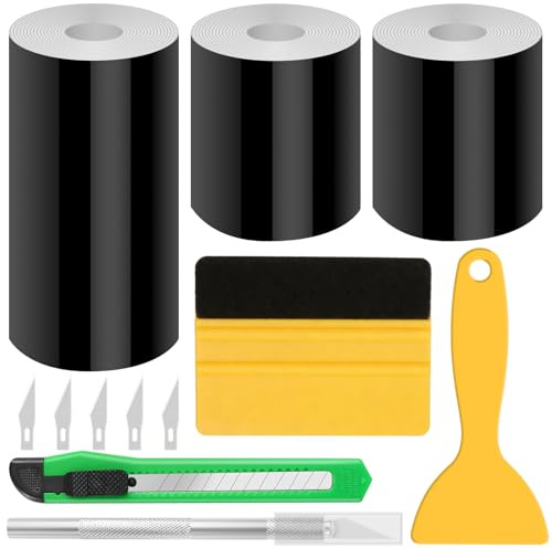 WOOWAIR Lot de 3 Rouleaux de Film de Protection de Peinture pour Voiture, 7 m Covering Autocollant Noir Brillant (5cm x2 + 10cm x1)-Anti-Rayures-Film Vinyle Décoratif avec Raclette pour Auto Moto