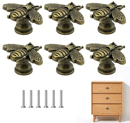 ApexPine 6 Pcs Vintage Bee Zinc Alloy Cabinet Knobs for Drawers | 6 pack vintage bee design zinc alloy cabinet knobs, single hole decorative drawer knobs for wardrobe cupboard cabinet
