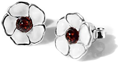 Ohrstecker aus 925er Sterlingsilber und baltischem Bernstein, Mohnblumen-Ohrringe, Gedenkgeschenk, Bernstein, Bernstein
