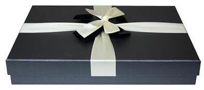 Emartbuy Gift Box, 30.5 x 23 x 5 cm , Black Box with Lid and Gold Satin Ribbon
