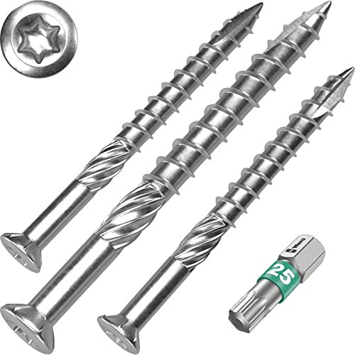 Terrassenschrauben 5 x 100 T-INOX - 500 Stück Edelstahl gehärtet C1, Torx 25 inkl. Edelstahl Bit - AISI 410 martensitisch