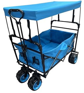 Bollerwagen faltbar mit Dach aus Metall, Faltwagen klappbar, Strandwagen, Transportwagen für alle Gelände geeignet, Bremse, Strand Urlaub Freizeitpark Familie