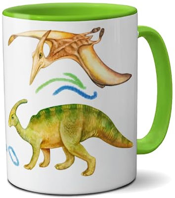 Tasse Schulkind 2025 T-Rex & Dinosaurier 2 mit Namen zur Einschulung grün Jungen inkl. Geschenkverpackung