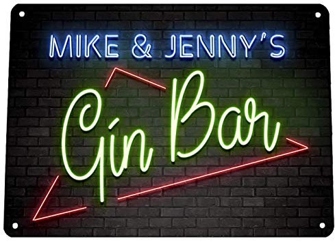 Artylicious Personalisierbares Gin-Bar-Schild – Neonlicht-Effekt bedrucktes Metallschild Wandkunst A4 Bar-Schild