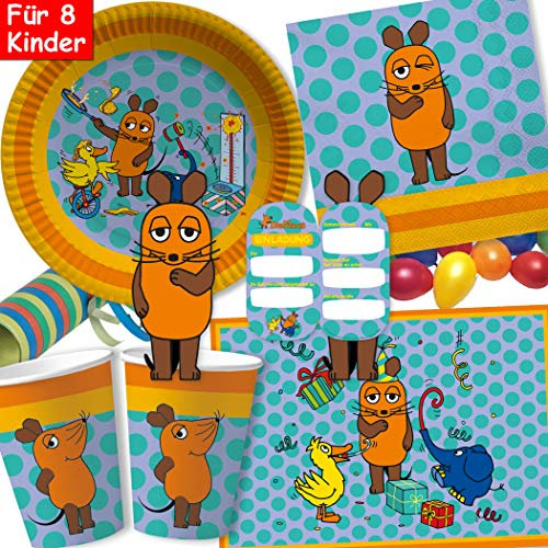 104-tlg Party-Set * DIE SENDUNG MIT DER MAUS * für Kindergeburtstag mit Teller + Becher + Servietten + Sticker + Einladungen + Tischsets + Luftschlangen + Luftballons | Maus Mäuse Detektiv Detektive