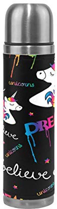 BKEOY Travel Mug Vacuum Insulated Stainless Steel Double Wall Leak Proof Mug Bottles Magical Unicorn Pattern Personalized Printed Genuine Leather Wrapped Thermos Flask 500ml