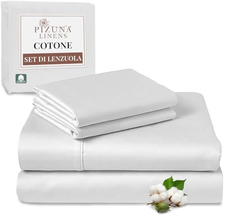 Pizuna Set lenzuola letto king size Cotone 160x200 cm Bianco, 400 fili in 100% cotone a fiocco lungo Sateen Completo lenzuola con 1 lenzuolo con angoli, 1 lenzuolo sopra, 2 federe