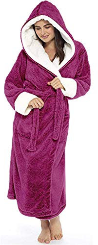 Yivise Accappatoio da donna con cappuccio in pile sfocato, foderato, accappatoio da spera, vestaglia per la casa, Rosa acceso, 5XL