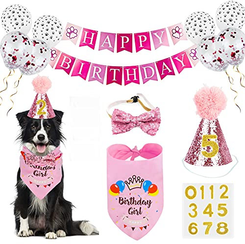 VIPITH Dog Birthday Bandana, Triangle Cotton Scarf with Cute Doggie Birthday Party Hat, Great Puppy Outfit, Gift and Party Decoration Set (Pink(with banner))