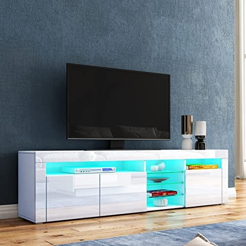 AWOOOD 1800mm LED TV Cabinet Modern High Gloss TV Stand Storage Unit with 3 Doors & Glass Shelves Sideboard for Living Room Bedroom Furniture, White