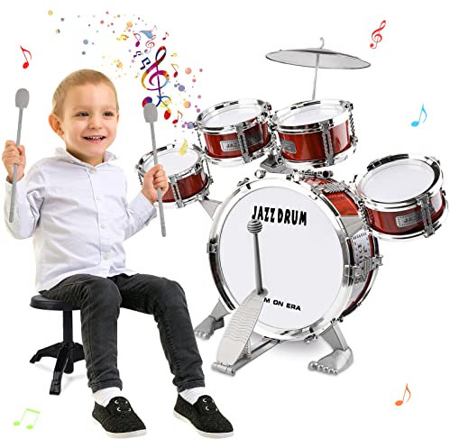 m zimoon Kit De Batterie Jazz pour Enfants , 5 Tambours avec Tabouret DéButants Instrument Musique à Batteries Et Percussions Vacances Jouet Anniversaire NoëL Cadeau éDucatif pour GarçOns Filles