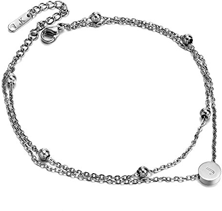 Kim Johanson Edelstahl Damen Fußkettchen *Buchstabe* in Silber Doppelte Fußkette mit 6 Kugeln | Buchstaben A bis Z | Wasserfest | Frauen Boho Schmuck | Verstellbar inkl. Schmuckbeutel (J)