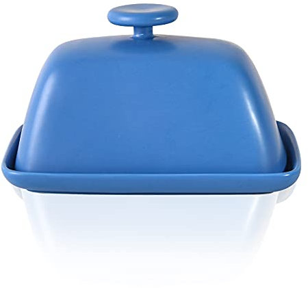 Yundu mattblaue Keramik-Butterdose, Behälter zur Aufbewahrung von Butter, mit Porzellangriff und Deckel
