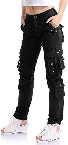 HASHOOB Damen Cargohose Militär Jeans Hosen Sporthose Outdoorhose Arbeitshose (BLACK1, 8)