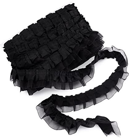 PandaHall Satin-Organza-Spitzenborte, 2-lagig, gerafft, Chiffonband, 4,8 cm, schwarz, plissierte Einfassung, Stoff zum Nähen, bestickte Applikation, Hochzeit, Party, Dekoration, 21,8 m