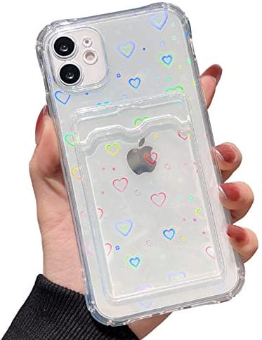 SmoBea Compatible with iPhone 13 Pro Max Case, Holographic Laser Glitter Bling Heart Card Holder Soft & Flexible TPU Shockproof Cover for Women Girls Heart Pattern Case (Heart/Clear)