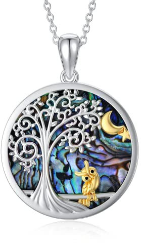 Shusukue Eule Baum des Lebens Kette, Eulen Geschenke Lebensbaum Kette Silber 925 Abalone Halskette Schmuck Geschenke für Damen Frauen Mädchen