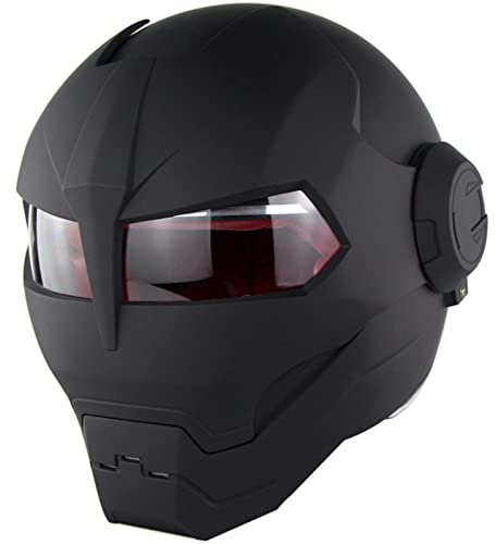 KILCVEM Motorbike Helmets, Full Face Touring Motorcycle Helmet Harley Vintage Helmet Iron Man Flip-Up Helmet with Glove, Balaclava, Locomotive Riding Backpack, Elastic Net,Matt black- XL: 60~61cm