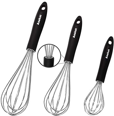 Anaeat Balloon Whisk Set of 3, Milk and Egg Beater Blender with Thick Stainless Steel Wire & Strong Handles, Heat Resistant Kitchen Whisks for Whisking, Cooking, Baking, Beating, Frothing & Stirring