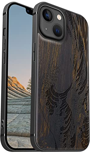 Carveit Magnetisch Hülle für iPhone 13 [Elegante Schwarzholz] [Weich TPU Stoßstange] Stoßfeste Handyhülle Kompatibel mit 13 Magsafe Hülle Holz （Die große Welle vor Kanagawa）