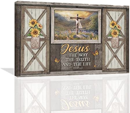 Christliches Kreuz Wandkunst rustikale Fenster Sonnenblume religiöse Leinwand Wanddekoration Schrift Bibelvers Bilder Druck Gemälde gerahmte Kunstwerk Heimdekoration für Schlafzimmer Wohnzimmer 40,6