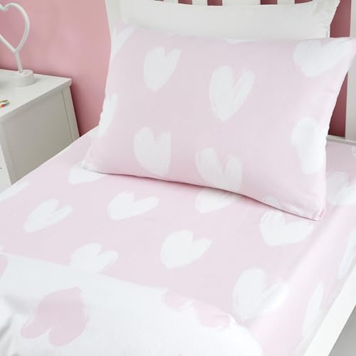 Catherine Lansfield Brushed Cotton Hearts Junior Fitted Sheet White Pink