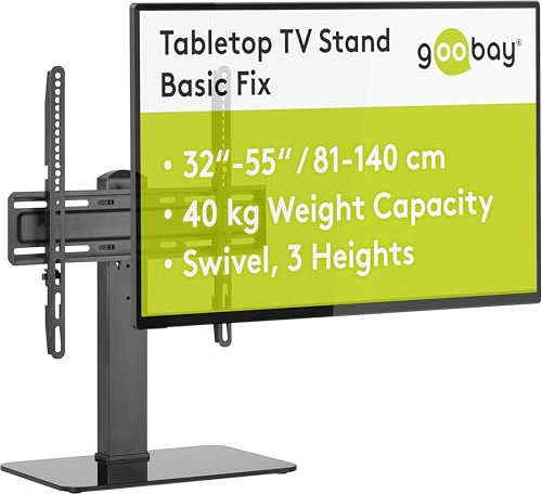 goobay TV Standfuß & Halter – für 32 bis 55 Zoll Flatscreen & Curved Fernseher & Monitore, 40kg Tragkraft, 35° Schwenkbar, 3 Stufig Höhenverstellbar Halterung, mit Kabelmanagement – 58524 Schwarz