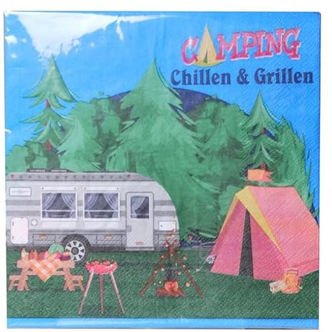 Udo Schmidt 10834 - Servietten Camping - Motiv: Wohnwagen - 33 x 33 cm - 20 Stk. - 15 m lang - 7 cm breit, Mehrfarbig