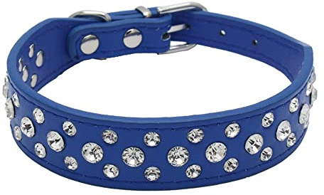 haoyueer Bling Rhinestone PU Leather Crystal Diamond Pet Dog Cat Puppy Collar S M L XL (L, Dark Blue)