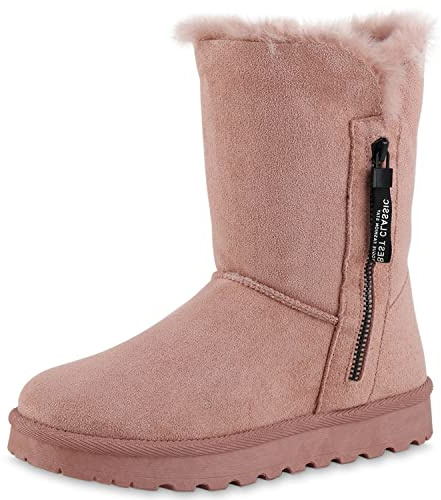 VAN HILL Damen Warm Gefütterte Winter Boots Stiefeletten Flache Zipper Schuhe Bequeme Profilsohle Booties Kunstfell Winterschuhe 209058 Rosa 38