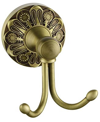 Lucyound Antique Brass Towel Hook, Vintage Gold Bathroom Double Hook for Robe & Loofah, Multipurpose Heavy Duty Wall Hook for Indoor and Outdoor, Solid Brass Home Decor Hardware Accessories