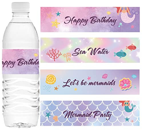 CREATCABIN 100 Unids 4 Estilos Sirena Etiquetas para Botellas de Agua Imprimibles Impermeables Autoadhesivas Pegatinas para Botellas Envoltorios Bajo el Mar Fiestas Temáticas Decoraciones para Fiesta
