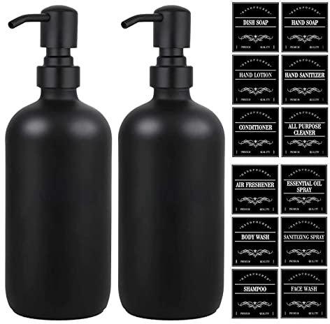 Black Soap Dispenser - Glass Bottle with Stainless Steel Pump, Contains Hand and Dish Soap, Includes 12 Waterproof Labels