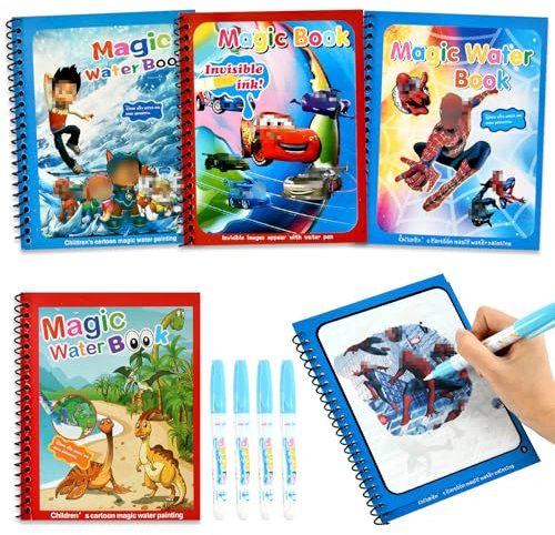 DOCHKA 4 Stück Wassermalbuch, Magische Malbücher für Kinder, Wasserbuch für Kinder, Magisches Malbücher Set mit Wasserstift, Water Colouring Book für Jungen und Mädchen