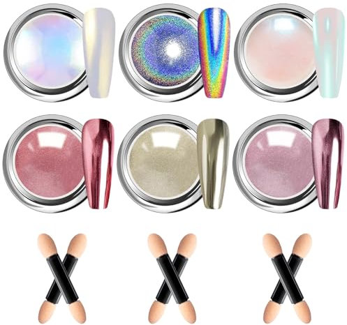 BISHENGYF 6Pcs Chrome Nail Powder: 【Metallic Mirror Glitter Holo Effect】Rose Gold Chrome Nail Powder for Gel Polish Aurora Iridescent Pearlescent Nail Chrome Powders for Nails Salon DIY