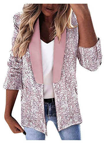 Damen Pailletten Jacke Langarm Glitzer Bomberjacke Festlich Party Club Kurze Jacke Einfarbig Casual Mode Leicht Blazer Frauen Glitzer Kleid Oberteile