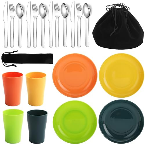 Evanda Camping Besteck Set 20 teilig, wiederverwendbarer Leichter Becher, Teller und Edelstahlbesteck mit schwarzer Tasche, für Camping 4 Person, spülmaschinenfest
