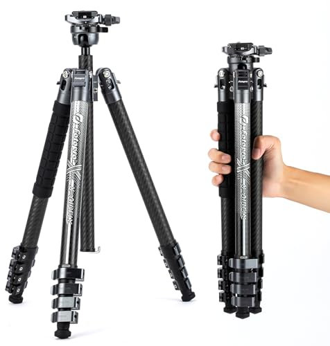 Fotopro X-Airfly 63 Inch Lightweight Travel Camera Tripod with Panoramic Ball Head 2.51lb Expandable Compact Portable Professional Carbon Fiber Tripod for Camera DSLR Load up to 33lb Grey