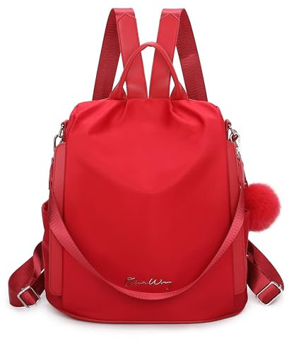 OLIVIA WONG Mochila antirrobo Impermeable para mujer (13L)| Mochila Convertible en bolso con pompom y Asa desmontable de adorno - Rojo
