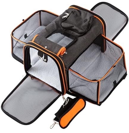 Petinstinct 45x28x28 cm Transporttasche für Katzen und Hunde bis 6kg, Faltbare und Erweiterbare Katzentransportbox, Katzentragetasche mit Verstellbarem Schultergurt, Abnehmbarer Wollmatte