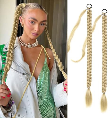 Fulang Hair 2PCS Braid Ponytail Extension, Zopf mit Haargummi, Haarteil zum Einflechten Lang Ponytail, Kunsthaar für Frauen, Geflochtener Haarteil (Aschblond)