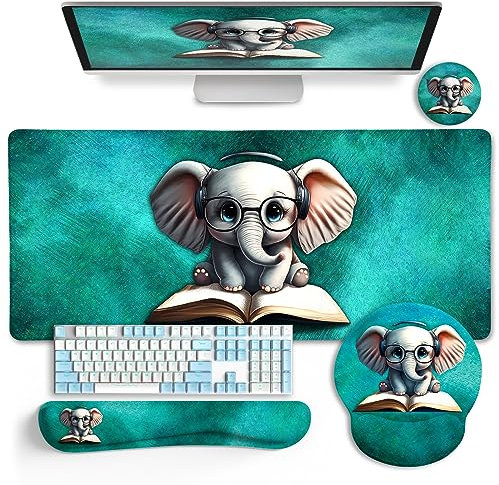 LIMKRIAN Desk Mat, Large Gaming Mouse Pad with Wrist Rest, Ergonomic Keyboard Mat, Cup Coaster, Home Office Desk Accessories, Cute Elephant