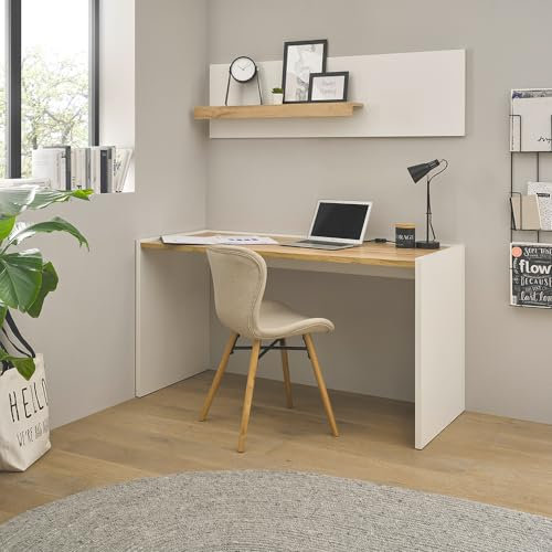 Lomadox Büromöbel Set weiß mit Eiche 2-teilig modern, 1 Schreibtisch, 1 Wandboard