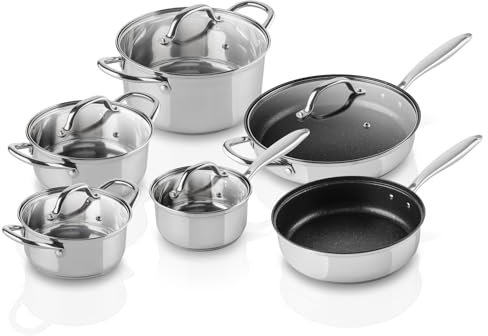 ETA Kochtopf-Set I Acero I Kochgeschirrset I 11-teilig I Induktiongeignet I Edelstahl 18/10 I 4 Töpfe I 2 Pfanne antihaftbeschichtet I 5 Glasdeckel I spülmaschinenfest