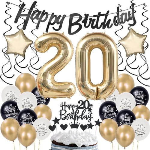 20 Geburtstag Deko Champagner Gold, 20 Jahr Geburtstagdeko Junge Mädchen, 20 Jahre Geburtstag Party Gold Schwarz, Luftballon 20. Deko, 20. Dekorationen,Ballon 20 Jahre